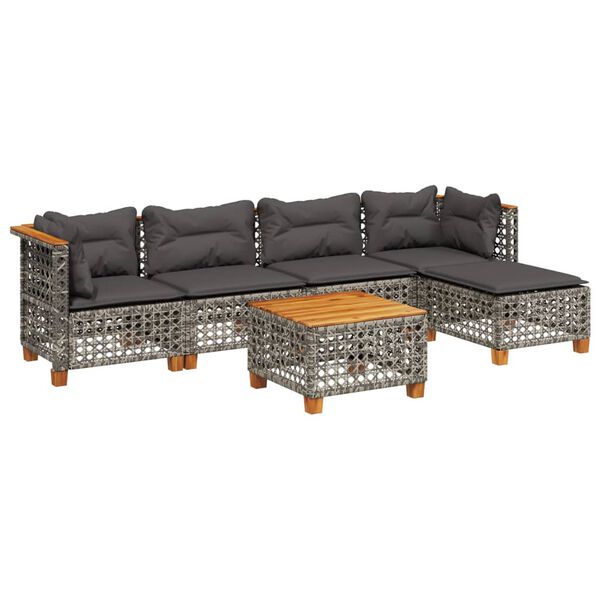 vidaXL 6-delige Loungeset met kussens poly rattan grijs