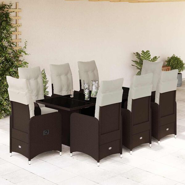 vidaXL 9-delige Bistroset met kussens poly rattan bruin
