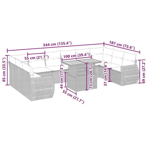 vidaXL 11-delige Tuinset met kussens poly rattan beige