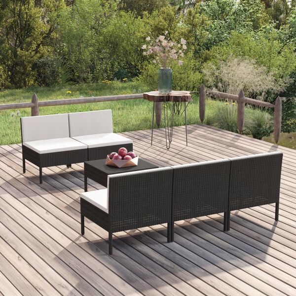 vidaXL 6-delige Loungeset met kussens poly rattan zwart