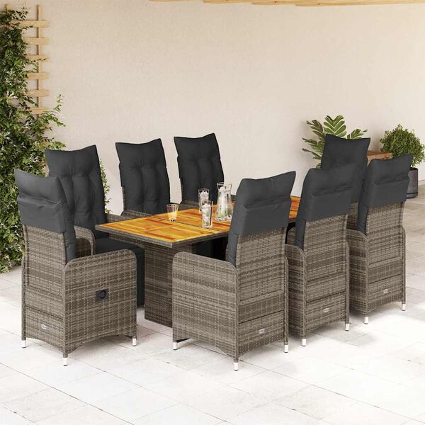 vidaXL 9-delige Bistroset met kussens poly rattan grijs