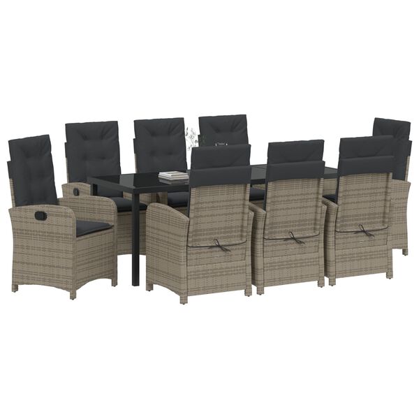 vidaXL Tuin eettafelset met kussen 9 pcs Grijs poly rattan