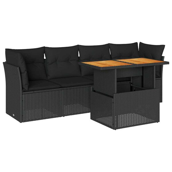 vidaXL 5-delige Loungeset met kussens poly rattan zwart