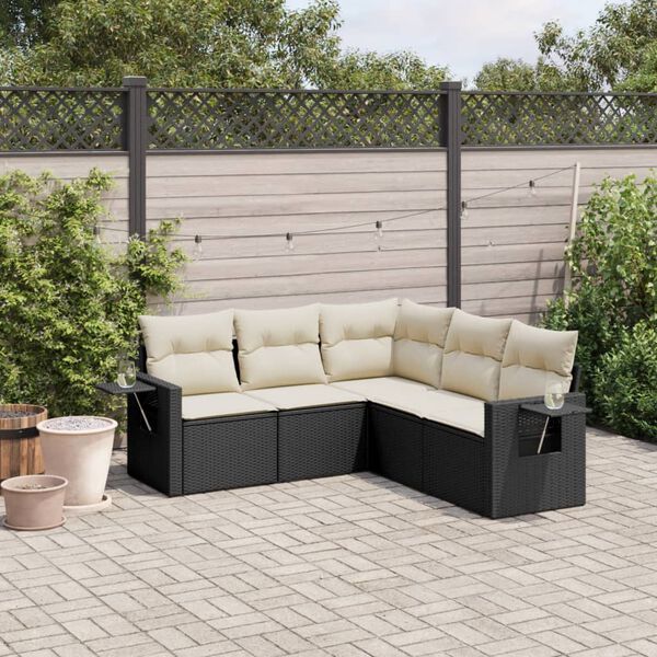 vidaXL 5-delige Loungeset met kussens poly rattan zwart