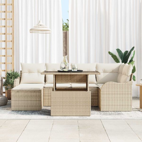 vidaXL Tuin Sofa Set met kussen met opslag 7 pcs Beige Poly riet