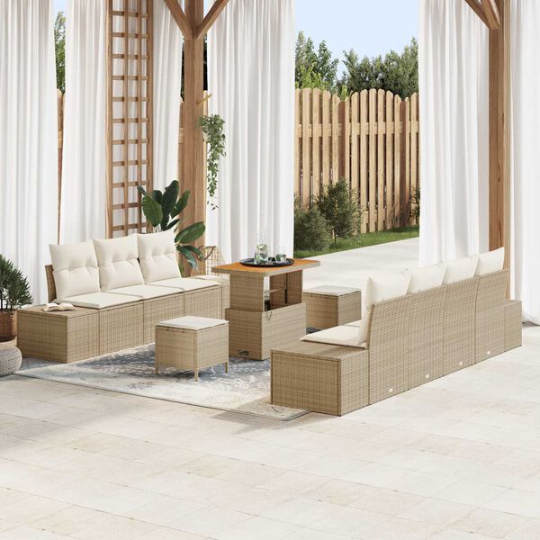 vidaXL Tuinbankenset met kussen met opslag 10 pcs Beige Poly riet