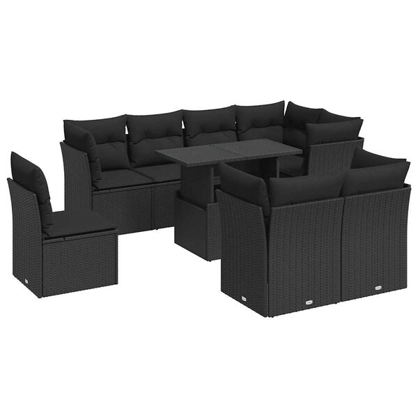 vidaXL 9-delige Loungeset met kussens poly rattan zwart
