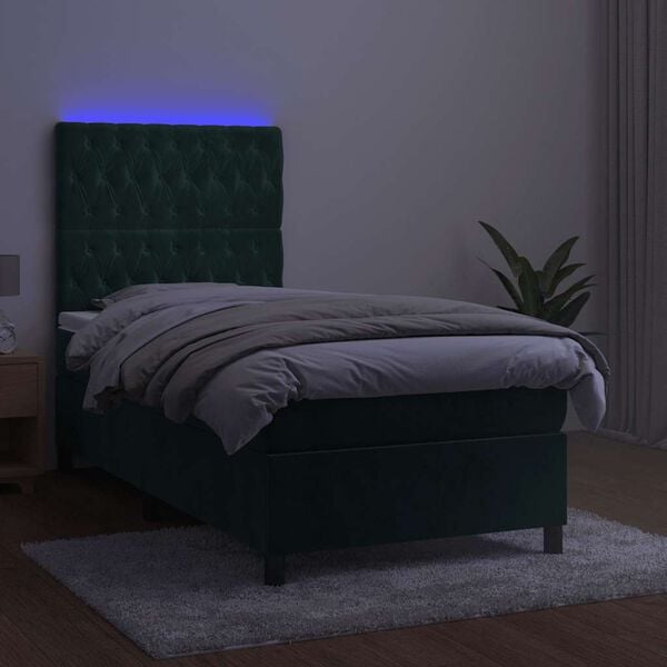 vidaXL Boxspring met matras en LED fluweel donkergroen 90x200 cm