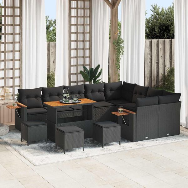 vidaXL Tuin Sofa Set met kussen met opslag Zwart Poly riet