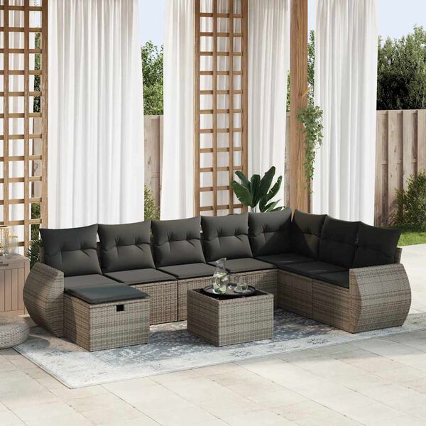 vidaXL 9-delige Loungeset met kussens poly rattan grijs
