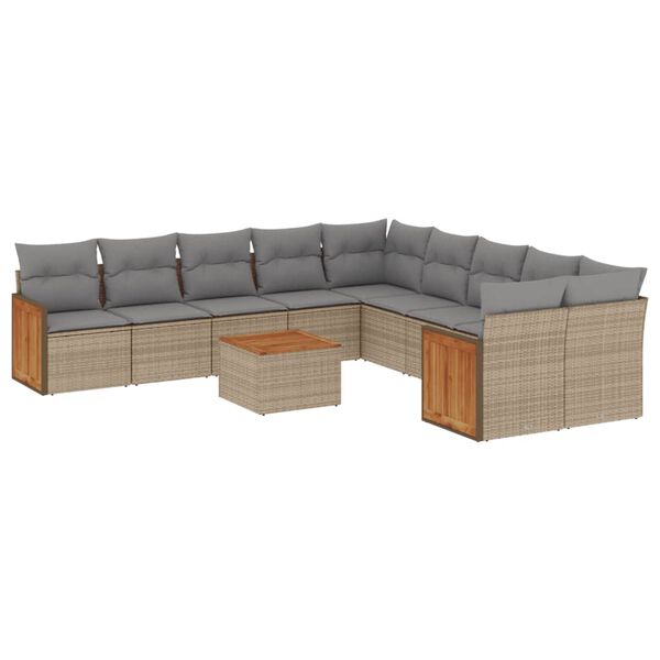 vidaXL 11-delige Tuinset met kussens poly rattan beige