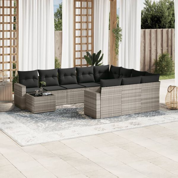 vidaXL 11-delige Loungeset met kussens poly rattan lichtgrijs