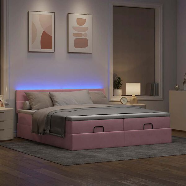 vidaXL Ottoman bed met matrassen en LED's 160x200cm fluweel roze