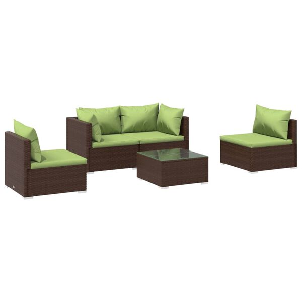 vidaXL 5-delige Loungeset met kussens poly rattan bruin