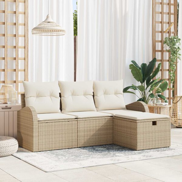 vidaXL Bankstel met kussen met opslag 4 pcs Beige en Crème poly rattan