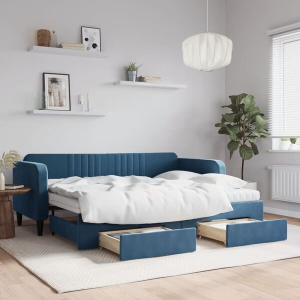 vidaXL Slaapbank met onderschuifbed en lades 80x200 cm fluweel blauw