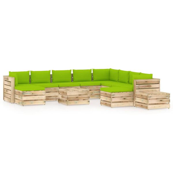 vidaXL 12-delige Loungeset met kussens groen ge&iuml;mpregneerd hout