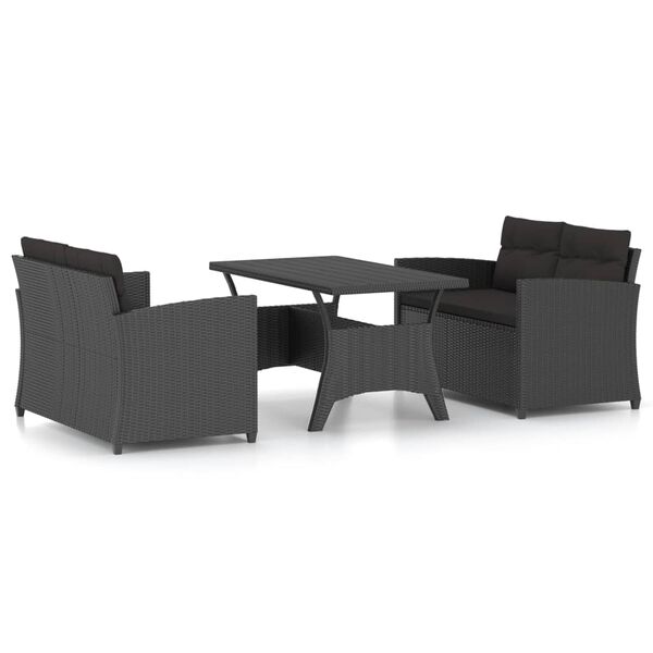 vidaXL 3-delige Loungeset met kussens poly rattan zwart