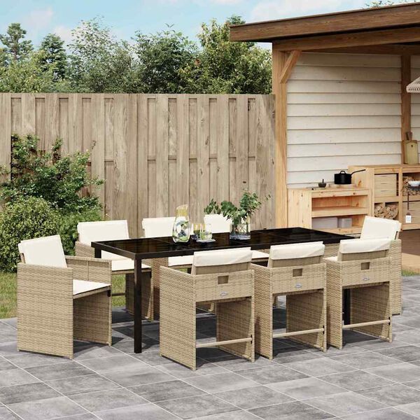 vidaXL Tuin eettafelset met kussen 9 pcs Beige poly rattan