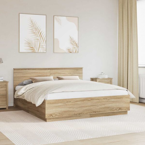 vidaXL Bedframe met hoofdeinde Sonoma Eiken 200 x 200 cm Bewerkt hout
