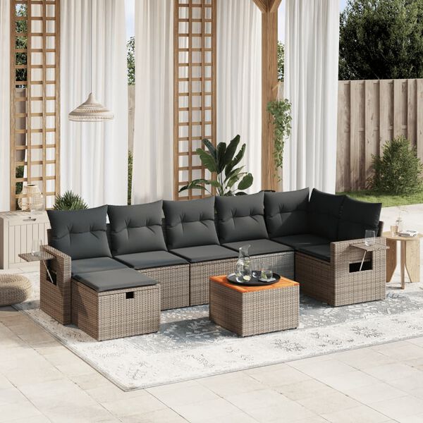 vidaXL 8-delige Loungeset met kussens poly rattan grijs