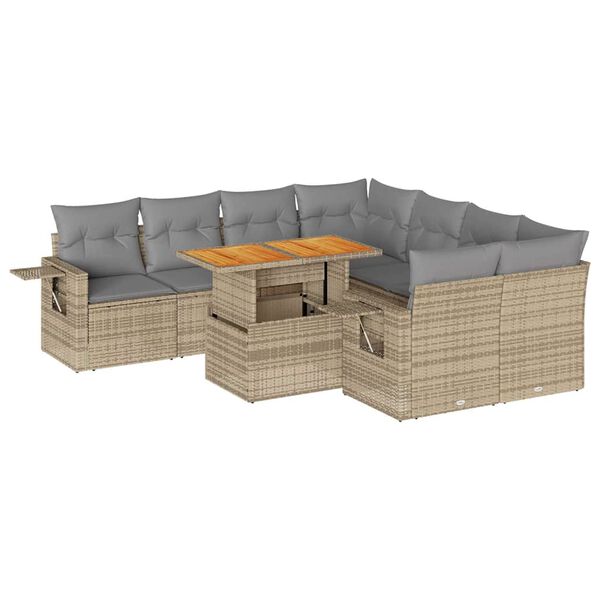 vidaXL 9-delige Loungeset met kussens poly rattan beige