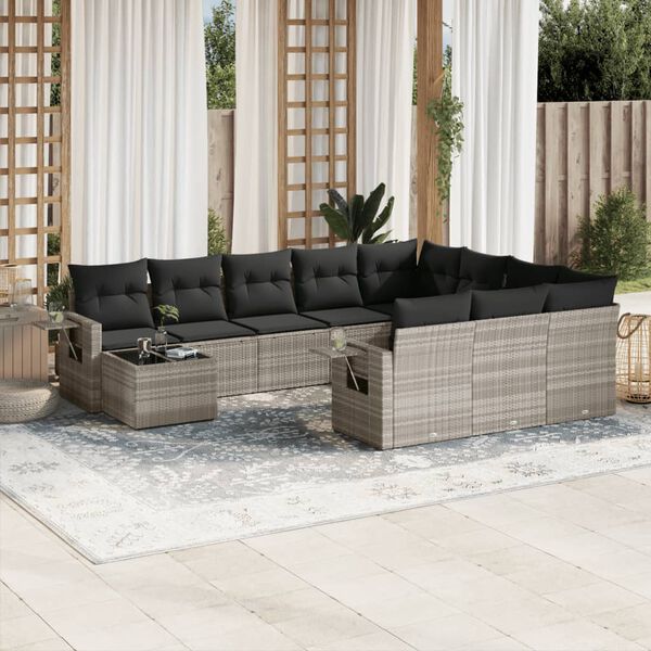 vidaXL 11-delige Loungeset met kussens poly rattan lichtgrijs
