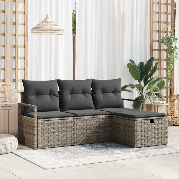 vidaXL Tuin Sofa Set met kussen met opslag 4 pcs Grijs Poly riet
