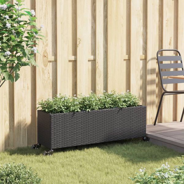 vidaXL Plantenbak met wielen 3 potten 107x32x38 cm poly rattan zwart