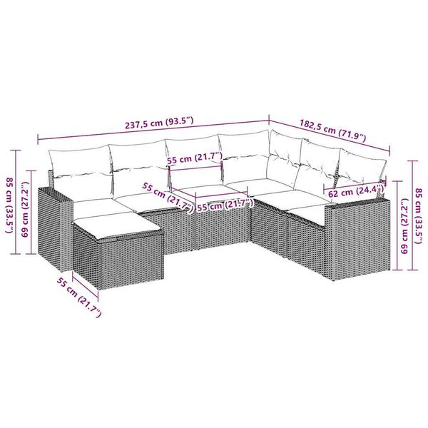 vidaXL 7-delige Loungeset met kussens poly rattan bruin