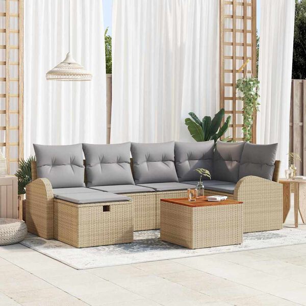 vidaXL Tuin Sofa Set met kussen met opslag 7 pcs Beige Poly riet