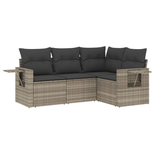 vidaXL 4-delige Loungeset met kussens poly rattan lichtgrijs