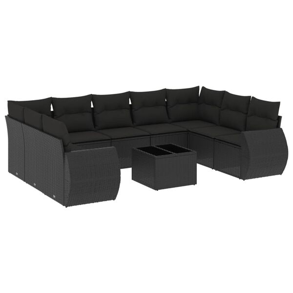 vidaXL 10-delige Loungeset met kussens poly rattan zwart