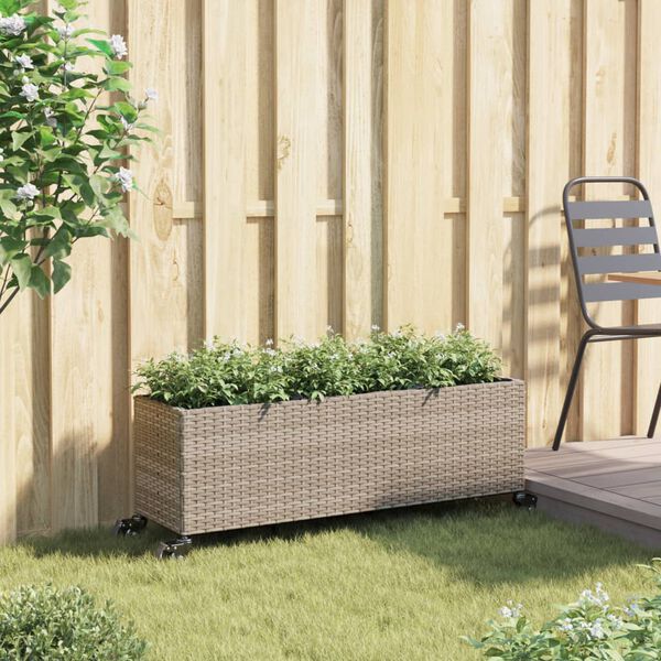 vidaXL Plantenbak met wielen 3 potten 107x32x38 cm poly rattan grijs