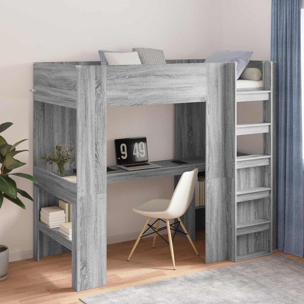 vidaXL Loft Bedframe met Bureau met opslag Grijs Sonoma 98.5 x 200 cm