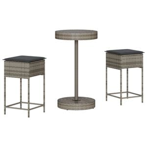 vidaXL 3-delige Tuinbarset met kussens poly rattan grijs
