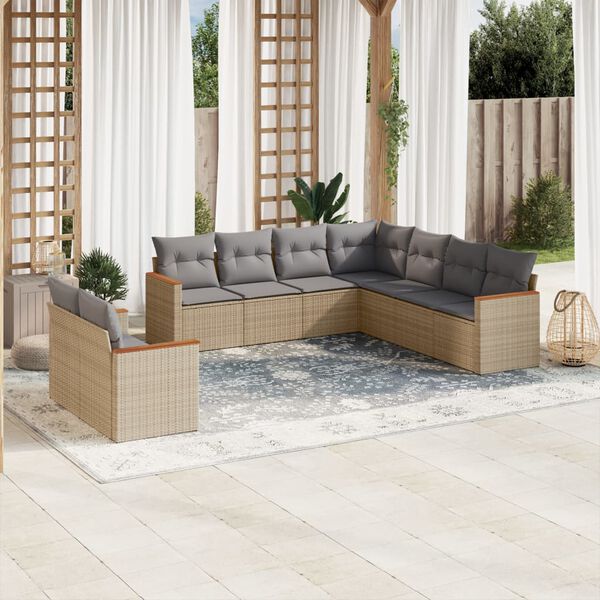 vidaXL 9-delige Loungeset met kussens poly rattan gemengd beige