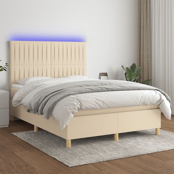 vidaXL Boxspring met matras en LED stof cr&egrave;mekleurig 140x200 cm