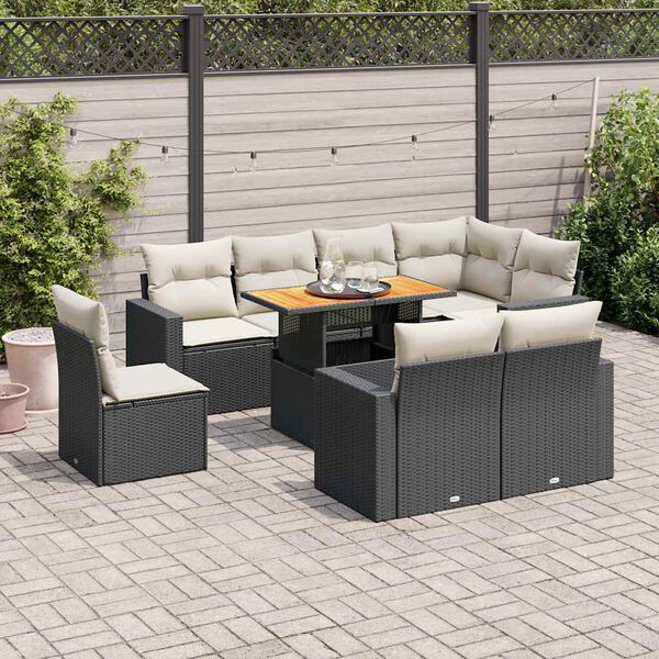 vidaXL 9-delige Loungeset met kussens poly rattan zwart