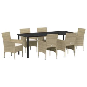 vidaXL Tuin eettafelset met kussen 7 pcs Beige poly rattan