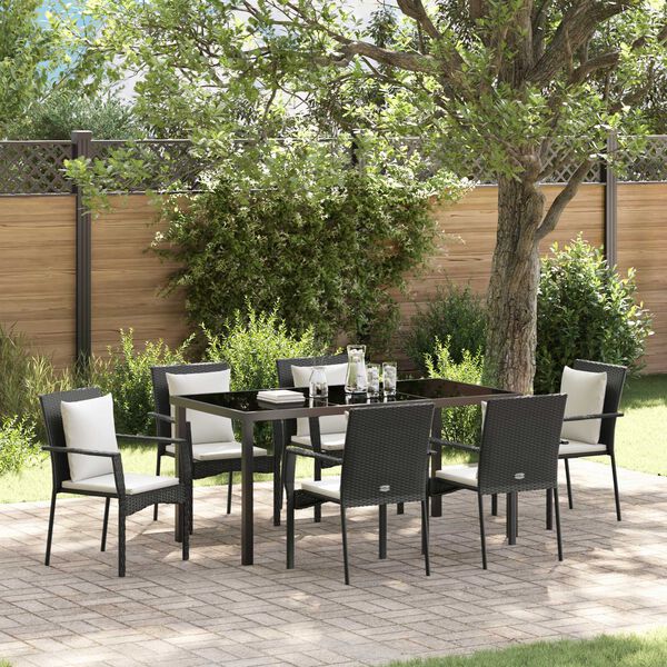 vidaXL Tuin eettafelset met kussen 7 pcs Zwart poly rattan
