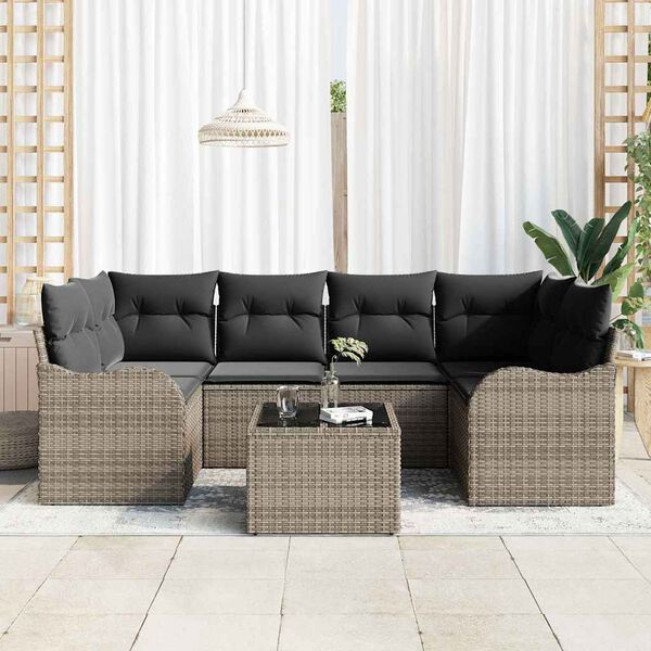 vidaXL Tuin Sofa Set met kussen 7 pcs Grijs Poly rattan, staal en glas