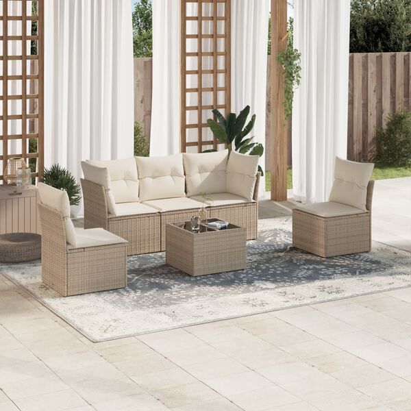 vidaXL 6-delige Loungeset met kussens poly rattan beige