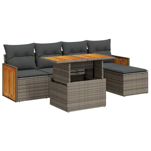 vidaXL 6-delige Loungeset met kussens poly rattan acacia grijs