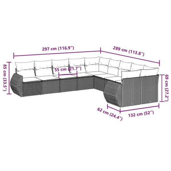 vidaXL 10-delige Loungeset met kussens poly rattan lichtgrijs