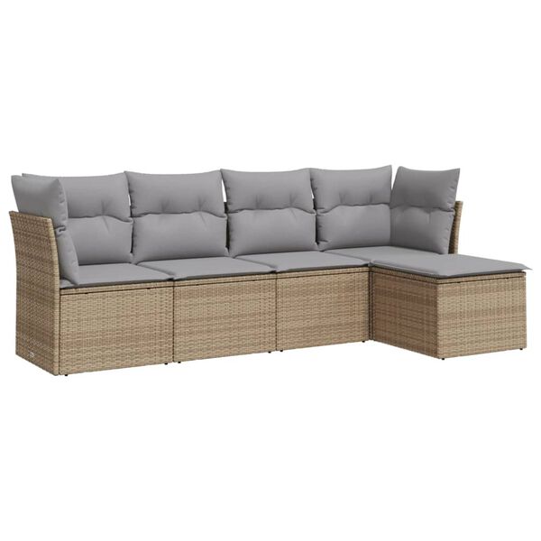 vidaXL 5-delige Loungeset met kussens poly rattan beige