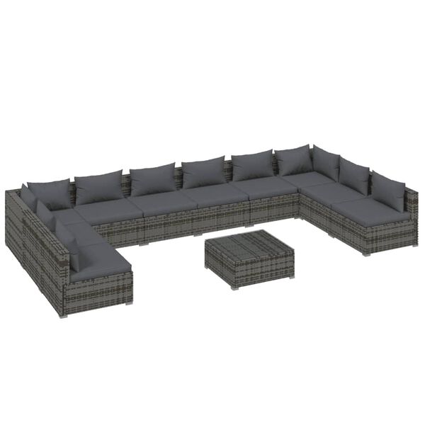 vidaXL 11-delige Loungeset met kussens poly rattan grijs