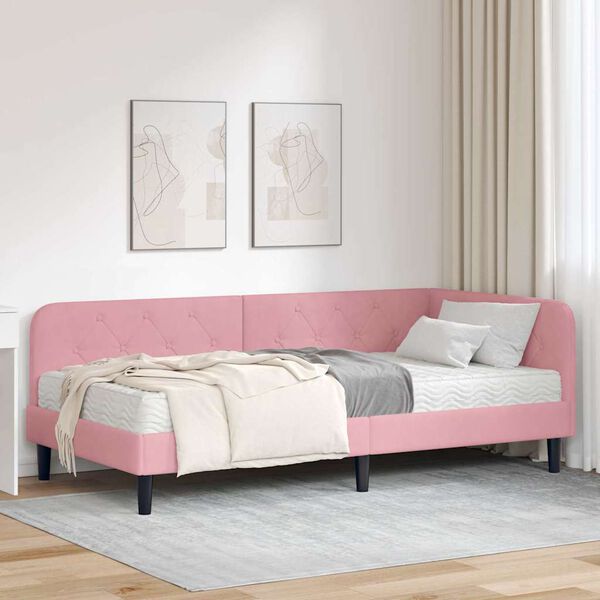vidaXL Hoekbedframe met matras Roze 100 x 200 cm Fluweel