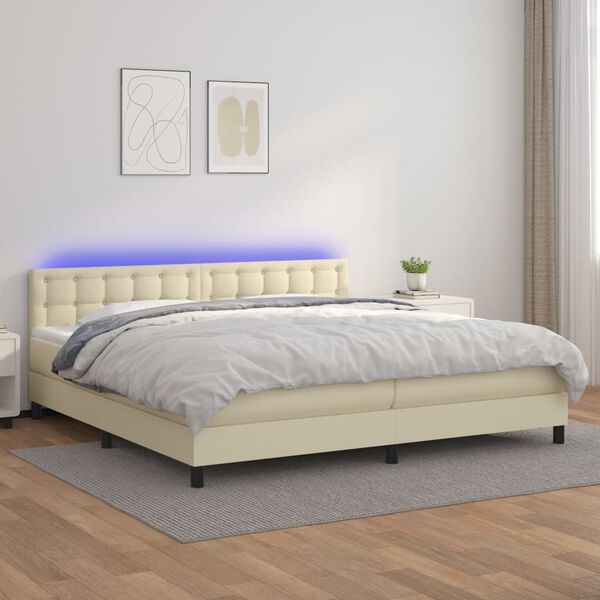 vidaXL Boxspring met matras en LED kunstleer cr&egrave;mekleurig 200x200 cm