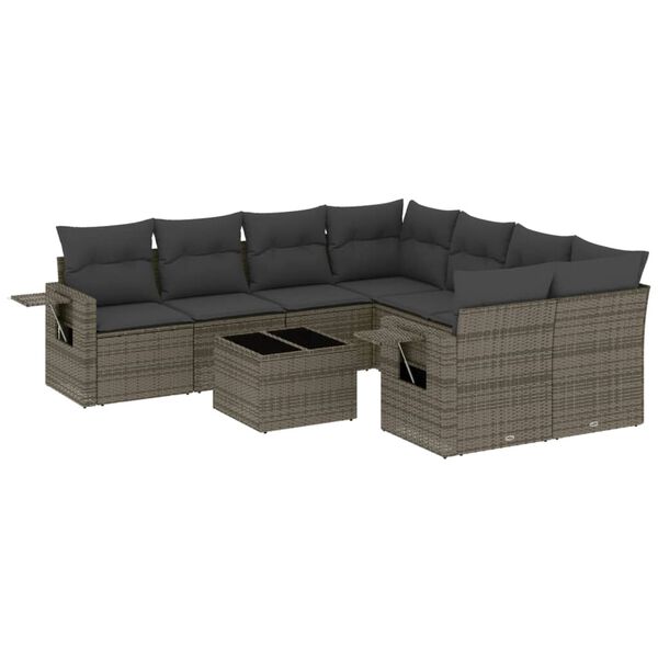 vidaXL 9-delige Loungeset met kussens poly rattan grijs